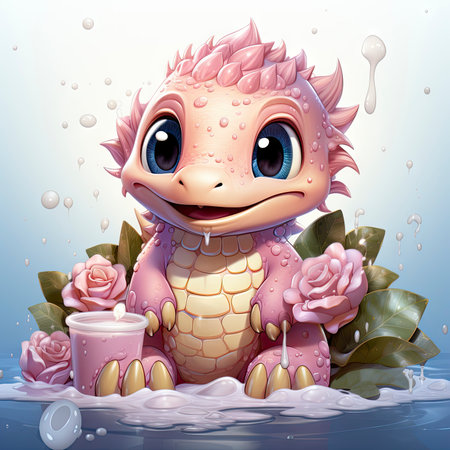 Playful pink baby dragon surrounded by bubbles, roses, and water, exuding charm and fantasy wonderの素材
