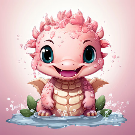 Playful pink baby dragon surrounded by bubbles, roses, and water, exuding charm and fantasy wonderの素材