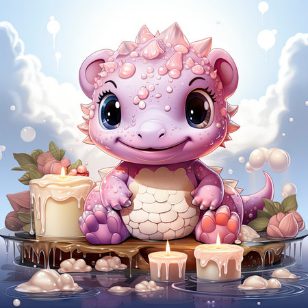 Playful pink baby dragon surrounded by bubbles, roses, and water, exuding charm and fantasy wonderの素材