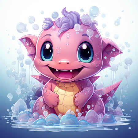 Playful pink baby dragon surrounded by bubbles, roses, and water, exuding charm and fantasy wonderの素材