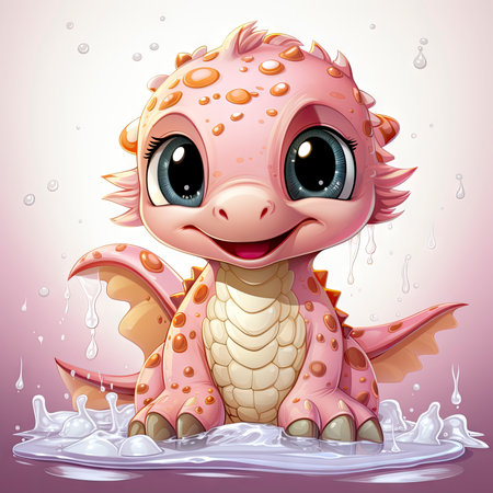 Playful pink baby dragon surrounded by bubbles, roses, and water, exuding charm and fantasy wonderの素材