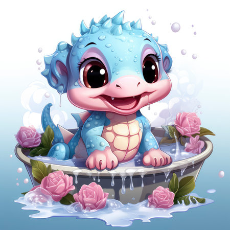 Playful pink baby dragon surrounded by bubbles, roses, and water, exuding charm and fantasy wonderの素材