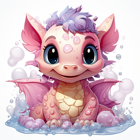 Playful pink baby dragon surrounded by bubbles, roses, and water, exuding charm and fantasy wonderの素材