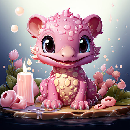 Playful pink baby dragon surrounded by bubbles, roses, and water, exuding charm and fantasy wonderの素材