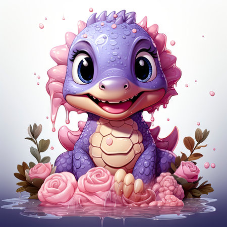 Playful pink baby dragon surrounded by bubbles, roses, and water, exuding charm and fantasy wonderの素材