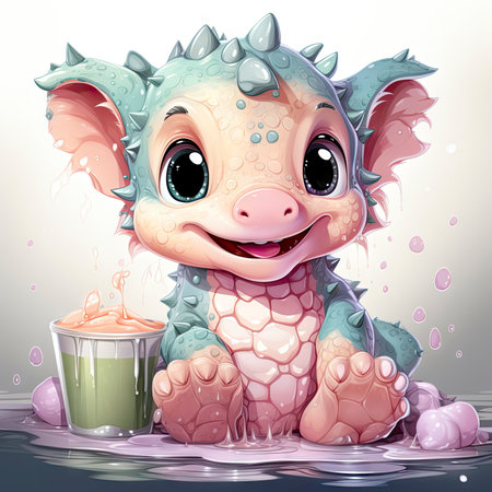 Playful pink baby dragon surrounded by bubbles, roses, and water, exuding charm and fantasy wonderの素材