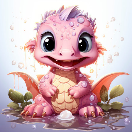 Playful pink baby dragon surrounded by bubbles, roses, and water, exuding charm and fantasy wonderの素材