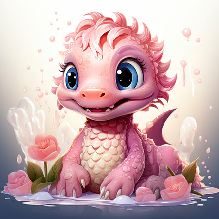 Playful pink baby dragon surrounded by bubbles, roses, and water, exuding charm and fantasy wonderの素材