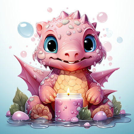 Playful pink baby dragon surrounded by bubbles, roses, and water, exuding charm and fantasy wonderの素材
