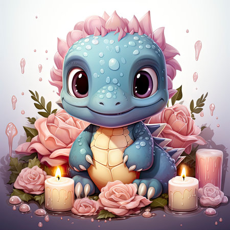 Playful pink baby dragon surrounded by bubbles, roses, and water, exuding charm and fantasy wonderの素材