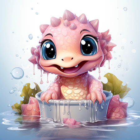 Playful pink baby dragon surrounded by bubbles, roses, and water, exuding charm and fantasy wonderの素材