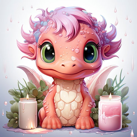 Playful pink baby dragon surrounded by bubbles, roses, and water, exuding charm and fantasy wonderの素材