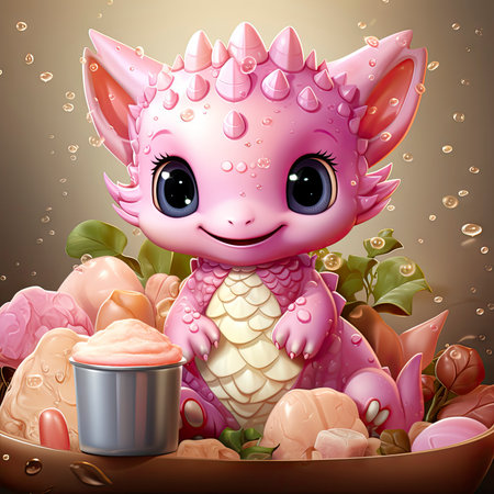 Playful pink baby dragon surrounded by bubbles, roses, and water, exuding charm and fantasy wonderの素材