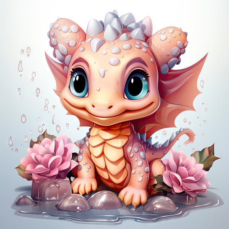 Playful pink baby dragon surrounded by bubbles, roses, and water, exuding charm and fantasy wonderの素材