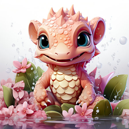 Playful pink baby dragon surrounded by bubbles, roses, and water, exuding charm and fantasy wonderの素材