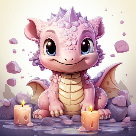 Playful pink baby dragon surrounded by bubbles, roses, and water, exuding charm and fantasy wonderの素材