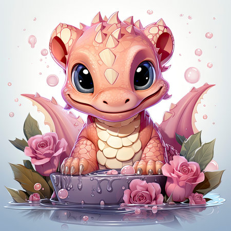 Playful pink baby dragon surrounded by bubbles, roses, and water, exuding charm and fantasy wonderの素材
