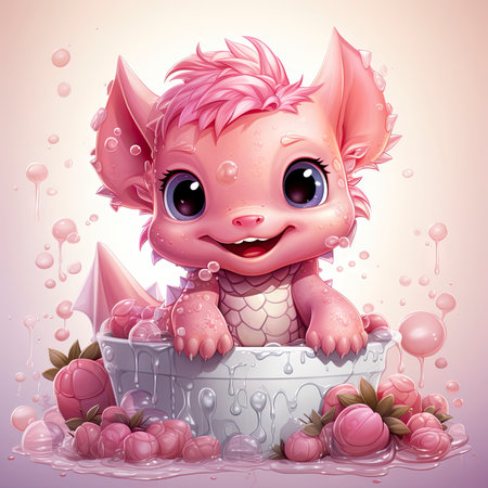 Playful pink baby dragon surrounded by bubbles, roses, and water, exuding charm and fantasy wonderの素材