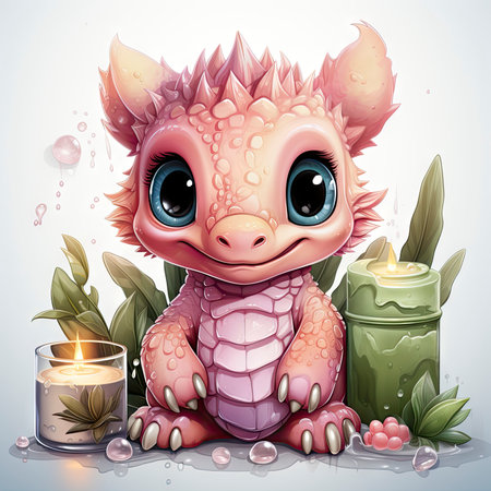 Playful pink baby dragon surrounded by bubbles, roses, and water, exuding charm and fantasy wonderの素材