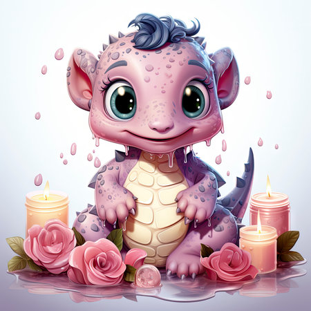 Playful pink baby dragon surrounded by bubbles, roses, and water, exuding charm and fantasy wonderの素材