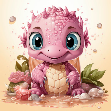 Playful pink baby dragon surrounded by bubbles, roses, and water, exuding charm and fantasy wonderの素材