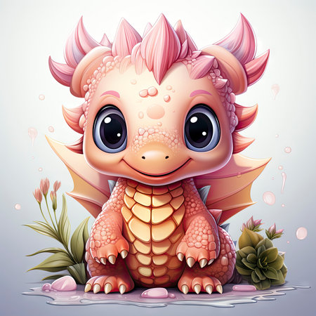 Playful pink baby dragon surrounded by bubbles, roses, and water, exuding charm and fantasy wonderの素材