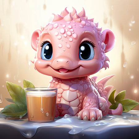 Playful pink baby dragon surrounded by bubbles, roses, and water, exuding charm and fantasy wonderの素材