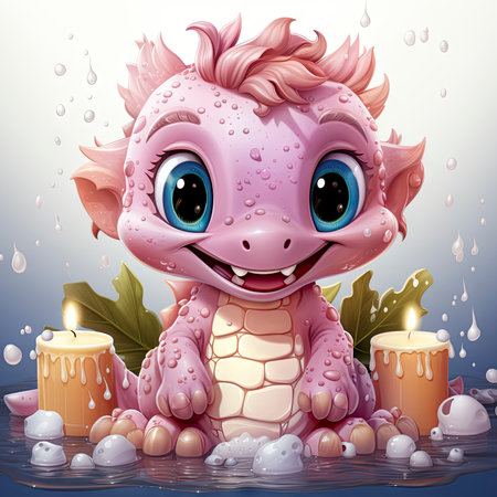 Playful pink baby dragon surrounded by bubbles, roses, and water, exuding charm and fantasy wonderの素材
