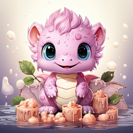 Pink baby dragon with big eyes, surrounded by glowing bubbles, lit candle, and budding roses on a serene nightの素材