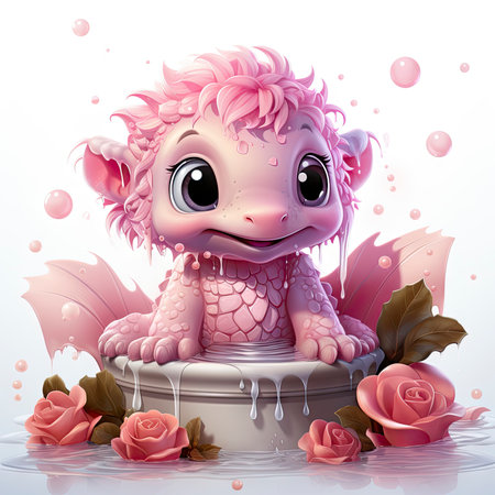 Pink baby dragon with big eyes, surrounded by glowing bubbles, lit candle, and budding roses on a serene nightの素材