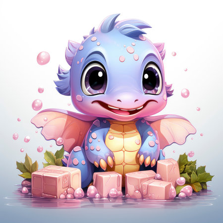 Pink baby dragon with big eyes, surrounded by glowing bubbles, lit candle, and budding roses on a serene nightの素材