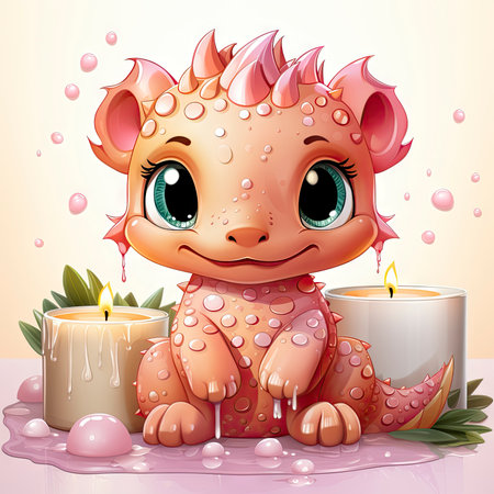 Pink baby dragon with big eyes, surrounded by glowing bubbles, lit candle, and budding roses on a serene nightの素材
