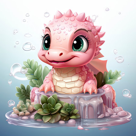 Pink baby dragon with big eyes, surrounded by glowing bubbles, lit candle, and budding roses on a serene nightの素材