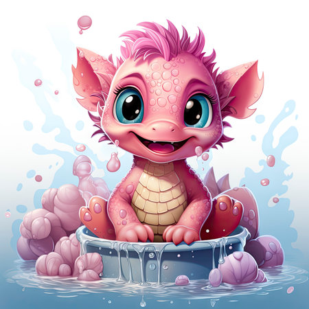 Pink baby dragon with big eyes, surrounded by glowing bubbles, lit candle, and budding roses on a serene nightの素材