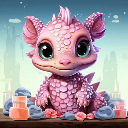 Pink baby dragon with big eyes, surrounded by glowing bubbles, lit candle, and budding roses on a serene nightの素材