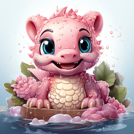 Pink baby dragon with big eyes, surrounded by glowing bubbles, lit candle, and budding roses on a serene nightの素材