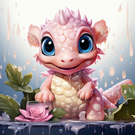 Pink baby dragon with big eyes, surrounded by glowing bubbles, lit candle, and budding roses on a serene nightの素材