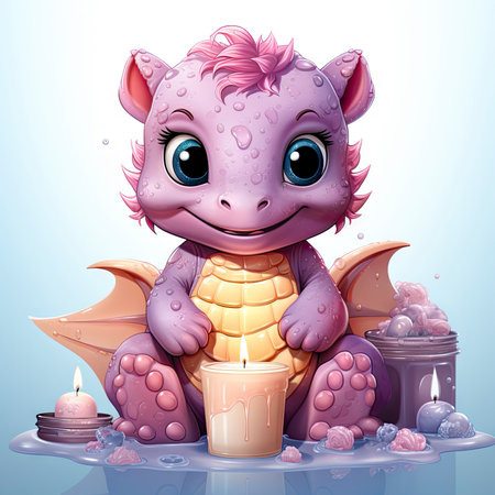 Pink baby dragon with big eyes, surrounded by glowing bubbles, lit candle, and budding roses on a serene nightの素材