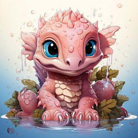 Pink baby dragon with big eyes, surrounded by glowing bubbles, lit candle, and budding roses on a serene nightの素材