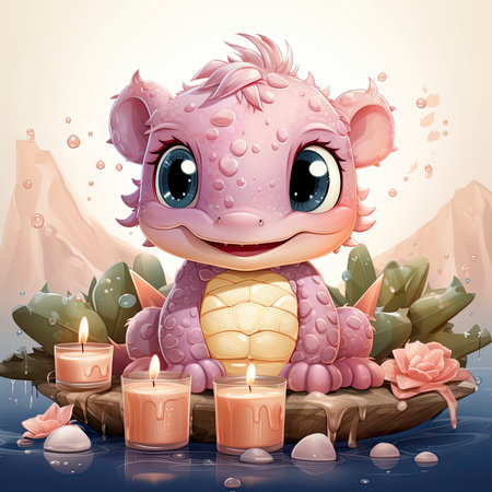 Pink baby dragon with big eyes, surrounded by glowing bubbles, lit candle, and budding roses on a serene nightの素材