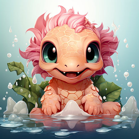 Pink baby dragon with big eyes, surrounded by glowing bubbles, lit candle, and budding roses on a serene nightの素材
