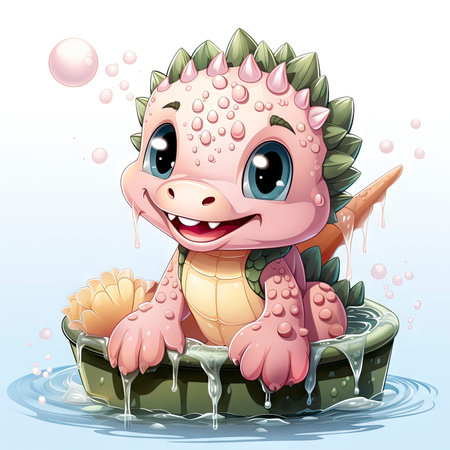 Pink baby dragon with big eyes, surrounded by glowing bubbles, lit candle, and budding roses on a serene nightの素材