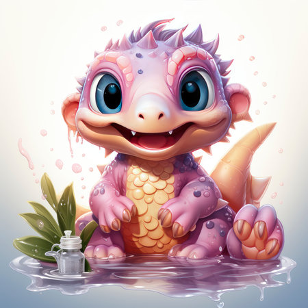 Pink baby dragon with big eyes, surrounded by glowing bubbles, lit candle, and budding roses on a serene nightの素材