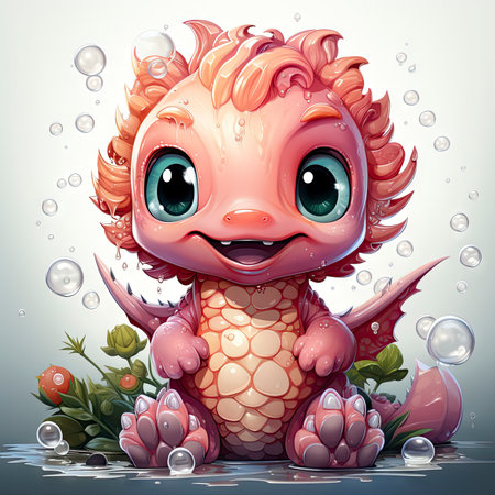 Pink baby dragon with big eyes, surrounded by glowing bubbles, lit candle, and budding roses on a serene nightの素材