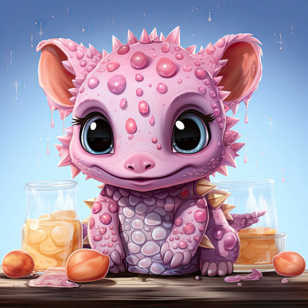 Pink baby dragon with big eyes, surrounded by glowing bubbles, lit candle, and budding roses on a serene nightの素材