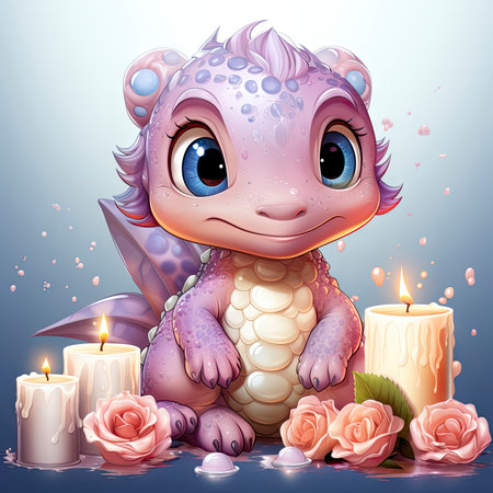 Pink baby dragon with big eyes, surrounded by glowing bubbles, lit candle, and budding roses on a serene nightの素材