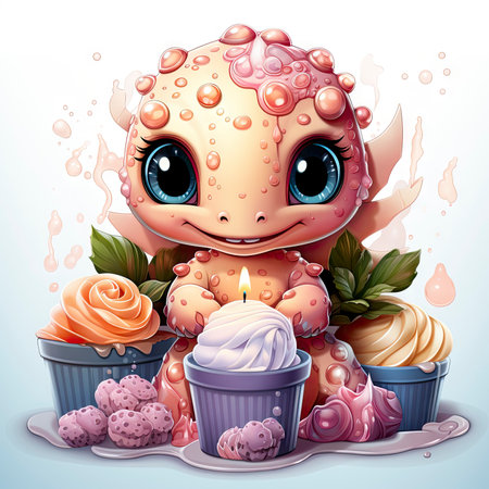 Pink baby dragon with big eyes, surrounded by glowing bubbles, lit candle, and budding roses on a serene nightの素材