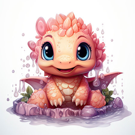 Pink baby dragon with big eyes, surrounded by glowing bubbles, lit candle, and budding roses on a serene nightの素材