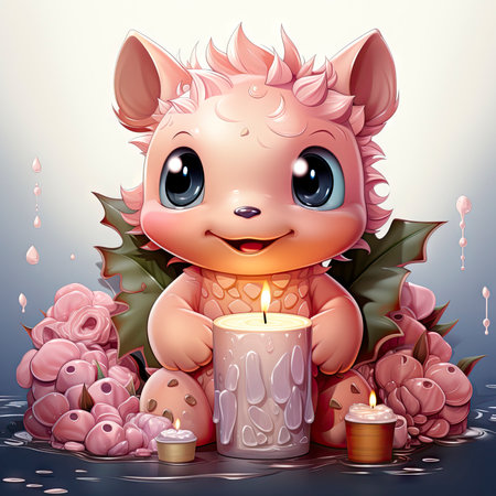 Pink baby dragon with big eyes, surrounded by glowing bubbles, lit candle, and budding roses on a serene nightの素材