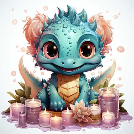 Pink baby dragon with big eyes, surrounded by glowing bubbles, lit candle, and budding roses on a serene nightの素材
